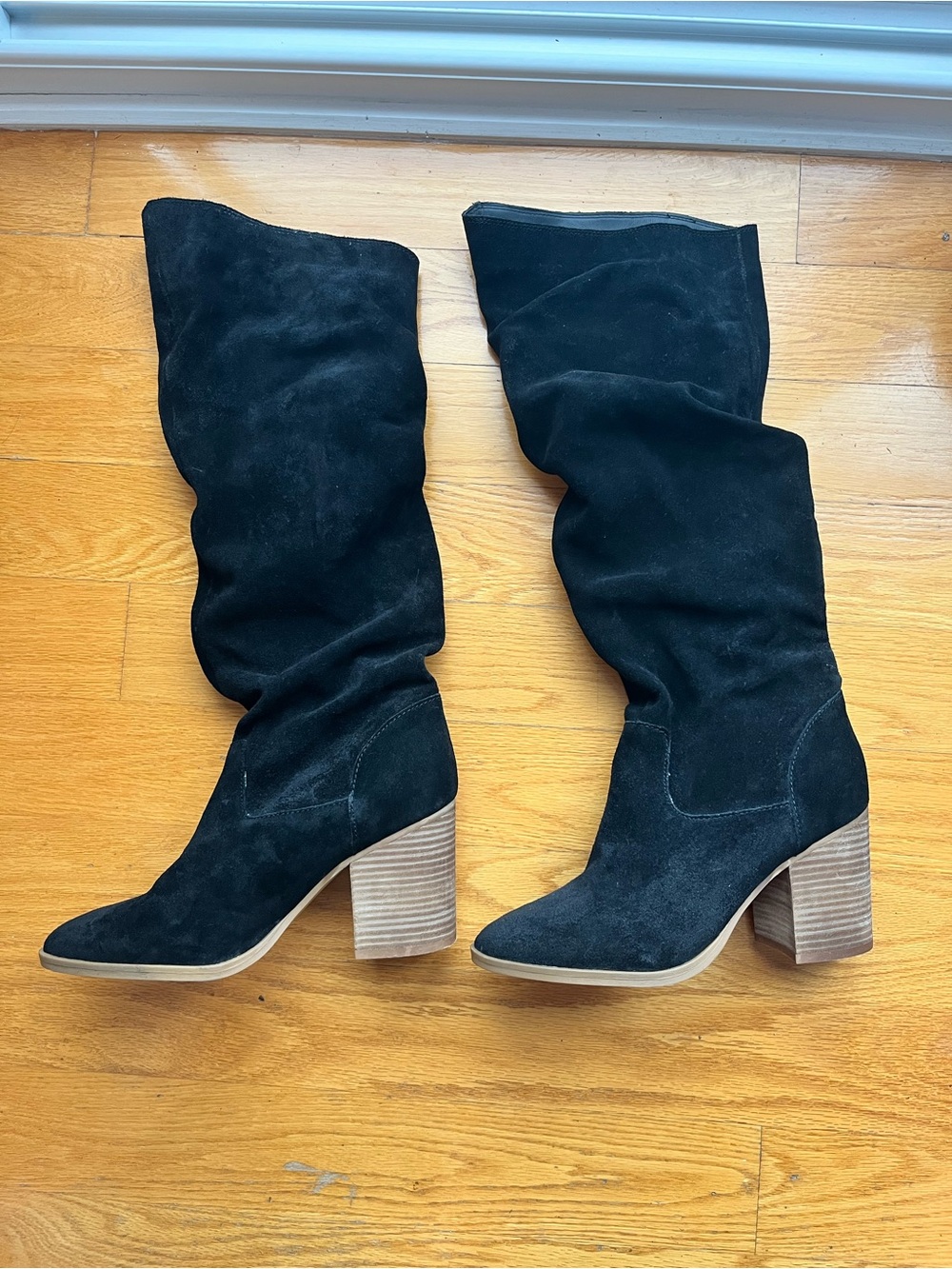 Black Suede Slouchy Mid-Calf Block Heel Boots